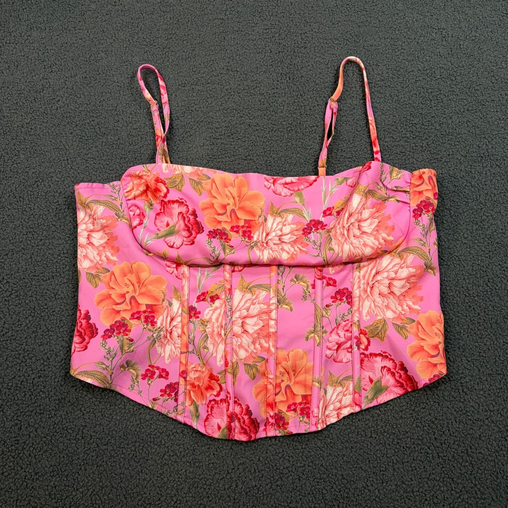 PrettyLittleThing Corset Top Womens 14 Pink Floral Boned Cami Zip Sleeveless